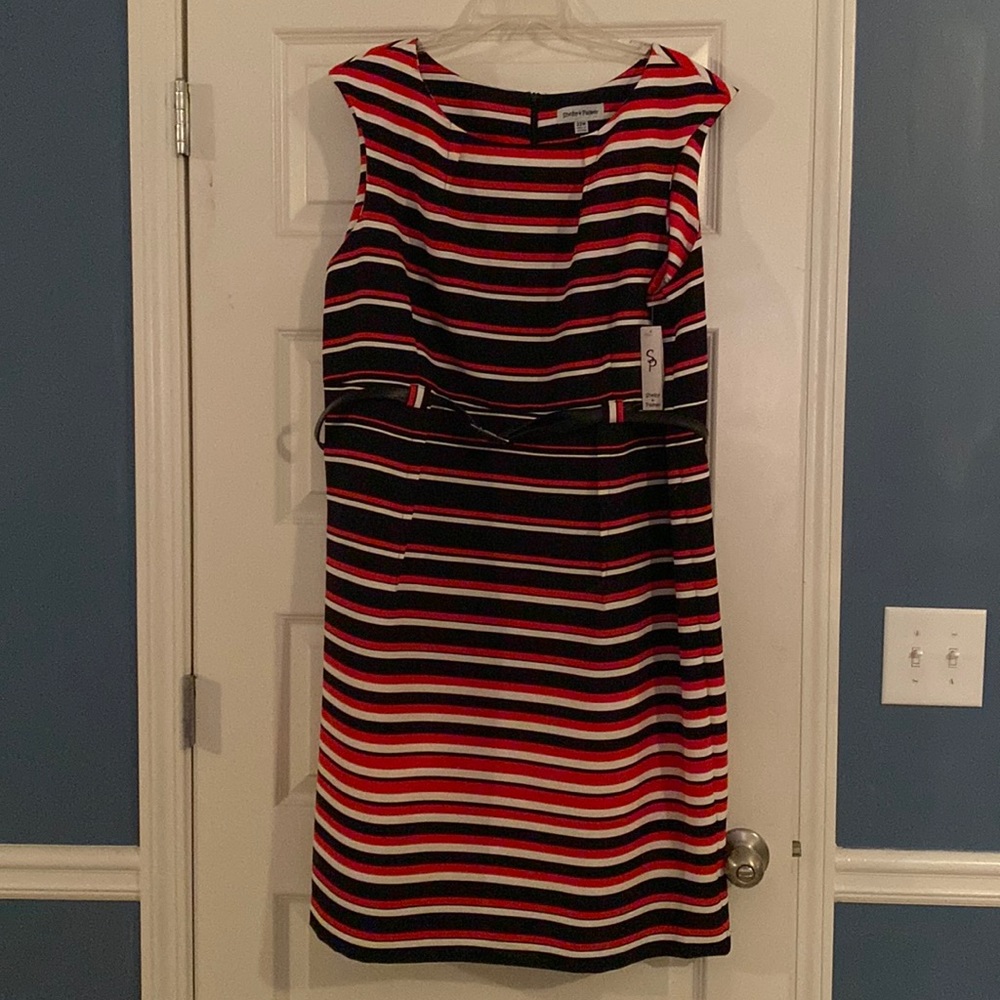 Red, black & white sleeveless skater dress.
